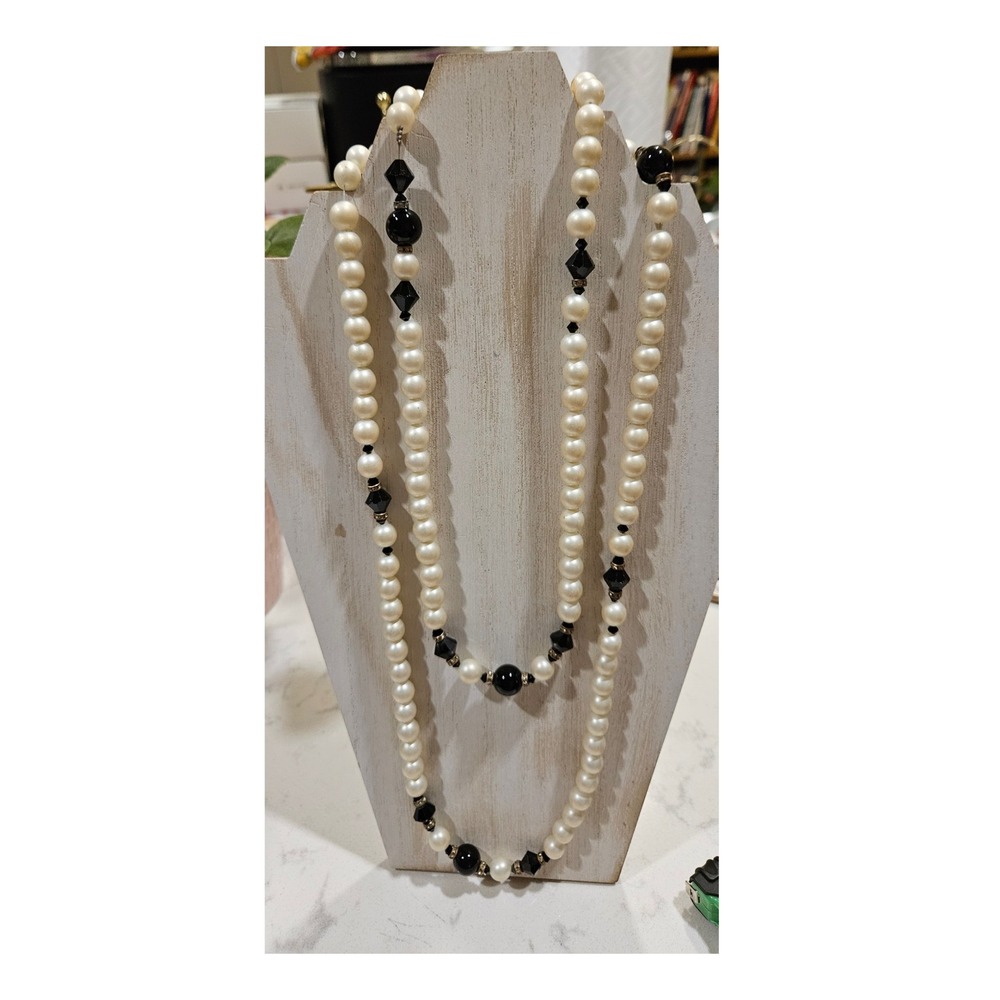 Vintage Faux Pearl Black Bead Rhinestone Long Opera Strand Necklace Cream Black